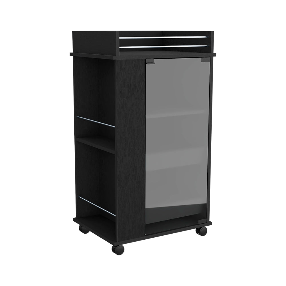 Black rolling bar cart with glass door and open shelving for stylish home bar storage