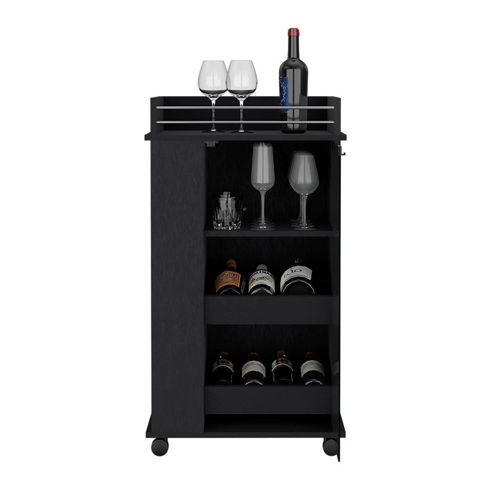 Black wooden bar cart with wine bottles and glassware