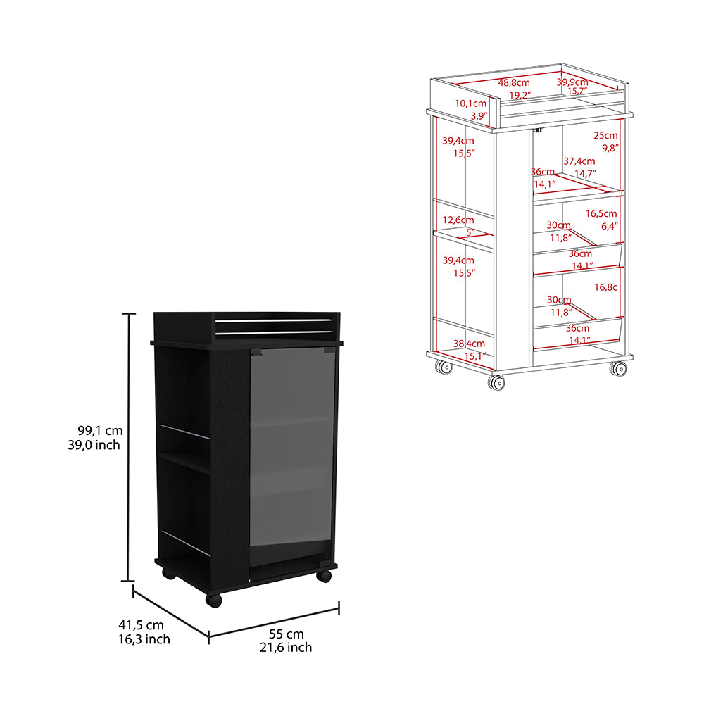 Black rolling bar cart with glass door and open shelves