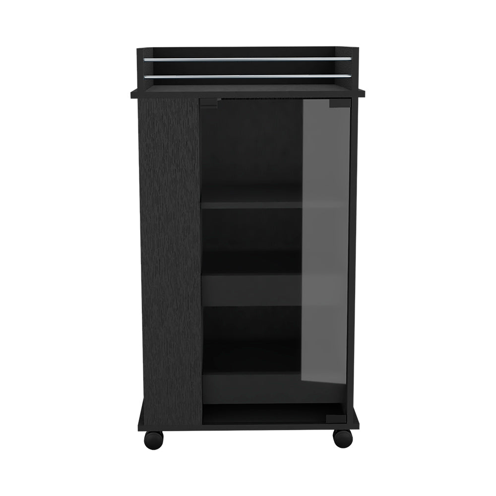Black modern storage cabinet with glass door and shelves
