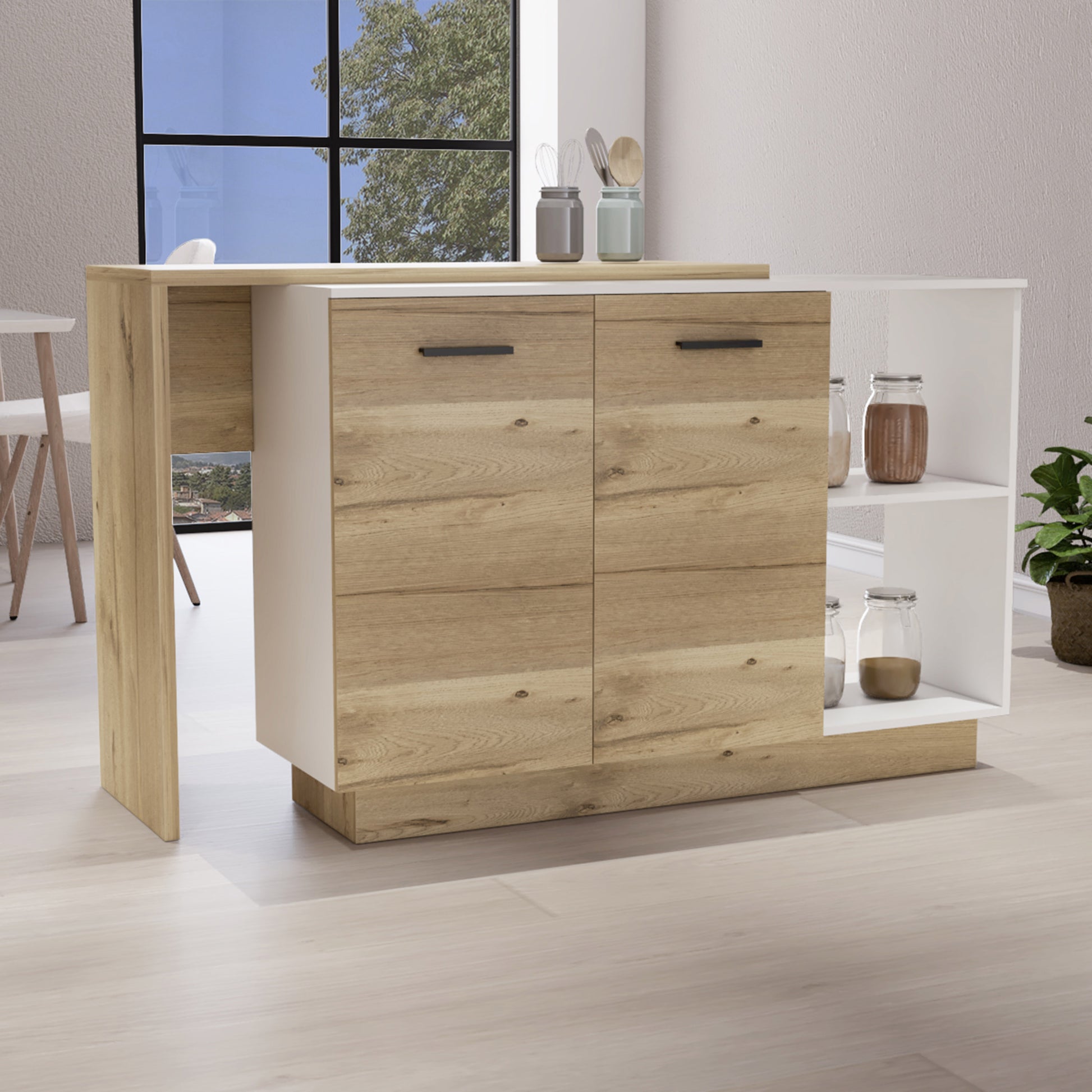 Modern kitchen island with wood grain cabinets and white countertop