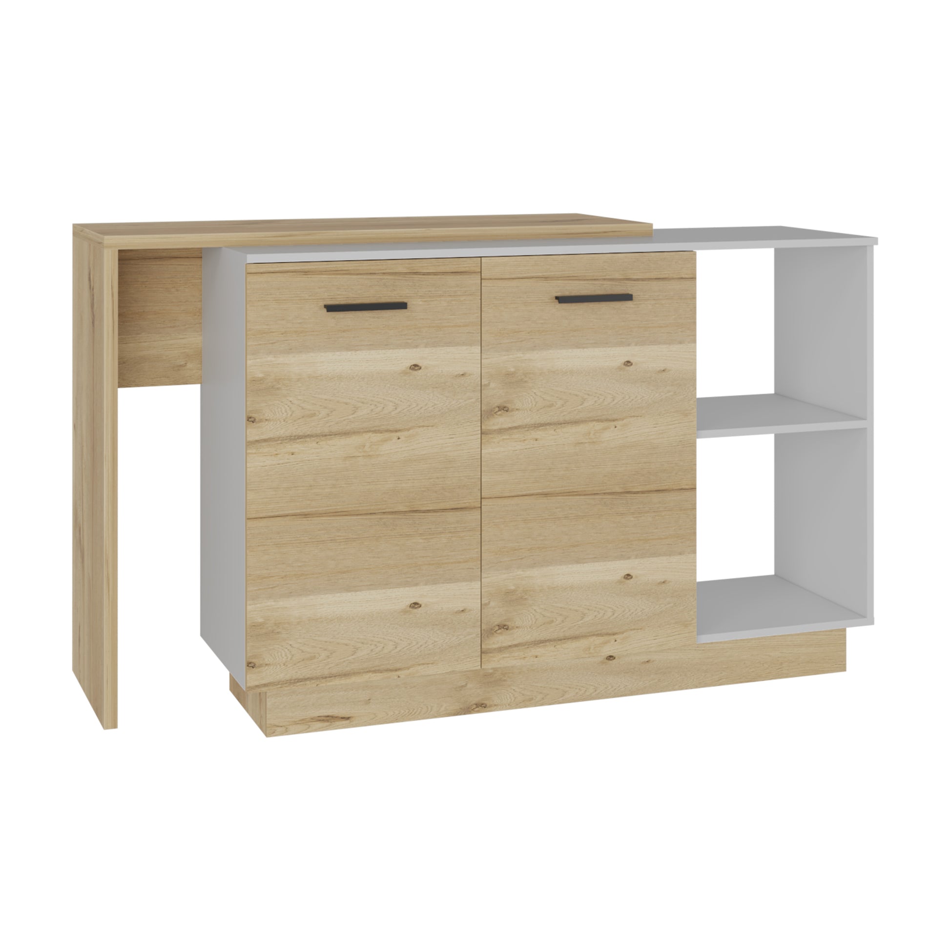 Modern oak effect sideboard with integrated shelving and a breakfast bar extension