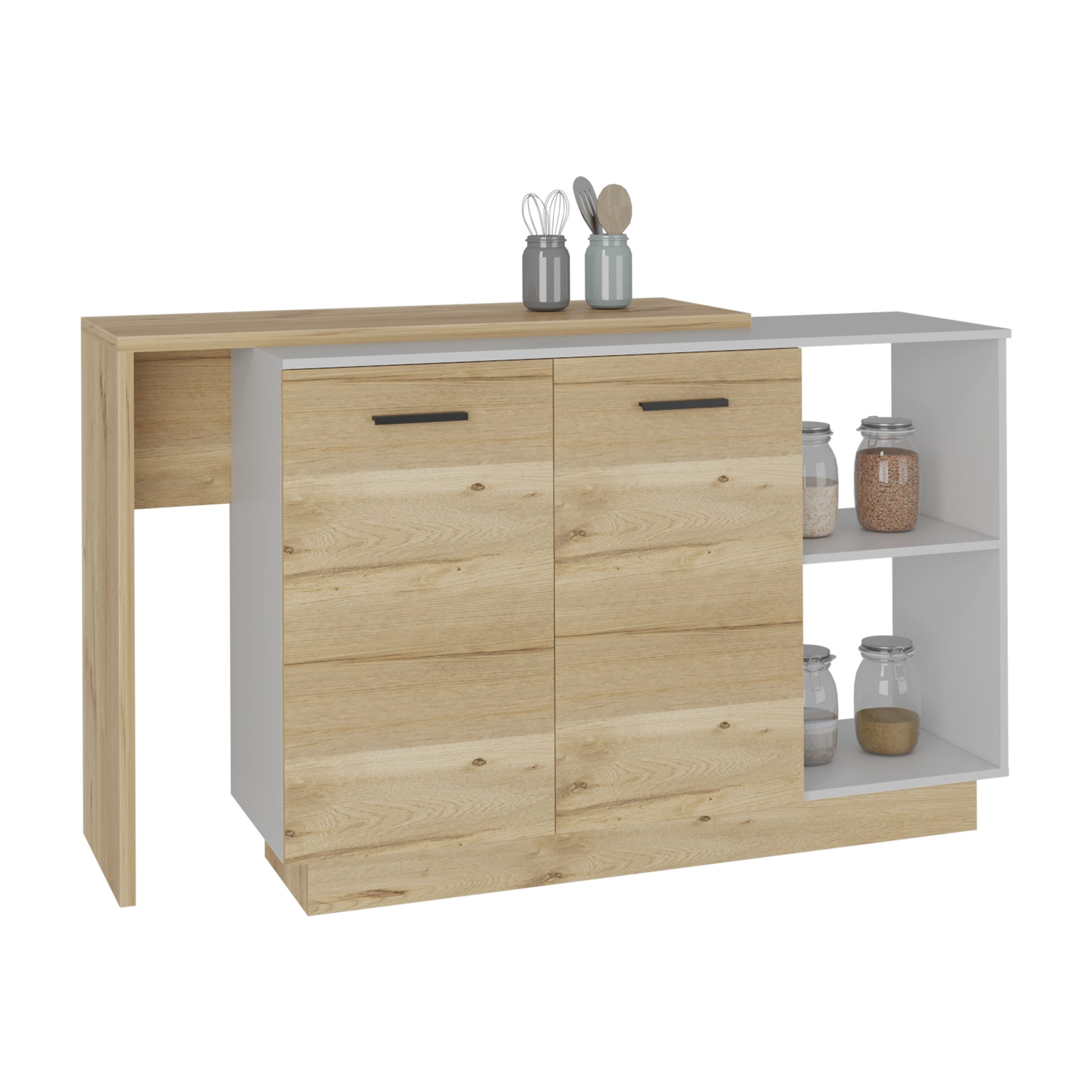Contemporary wood sideboard with white accents and integrated breakfast bar