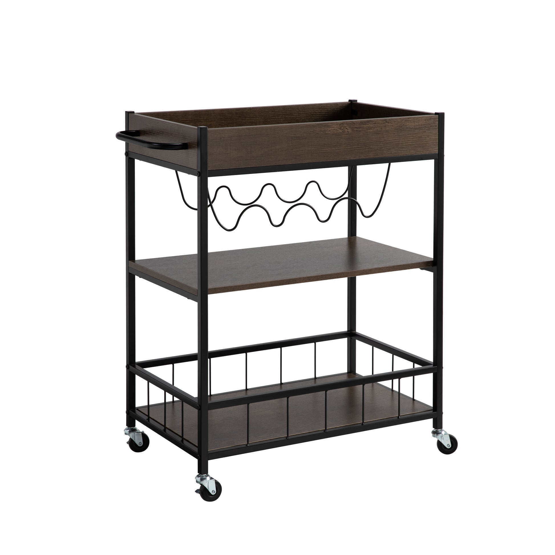 Dark wood bar cart with black metal frame and wheels