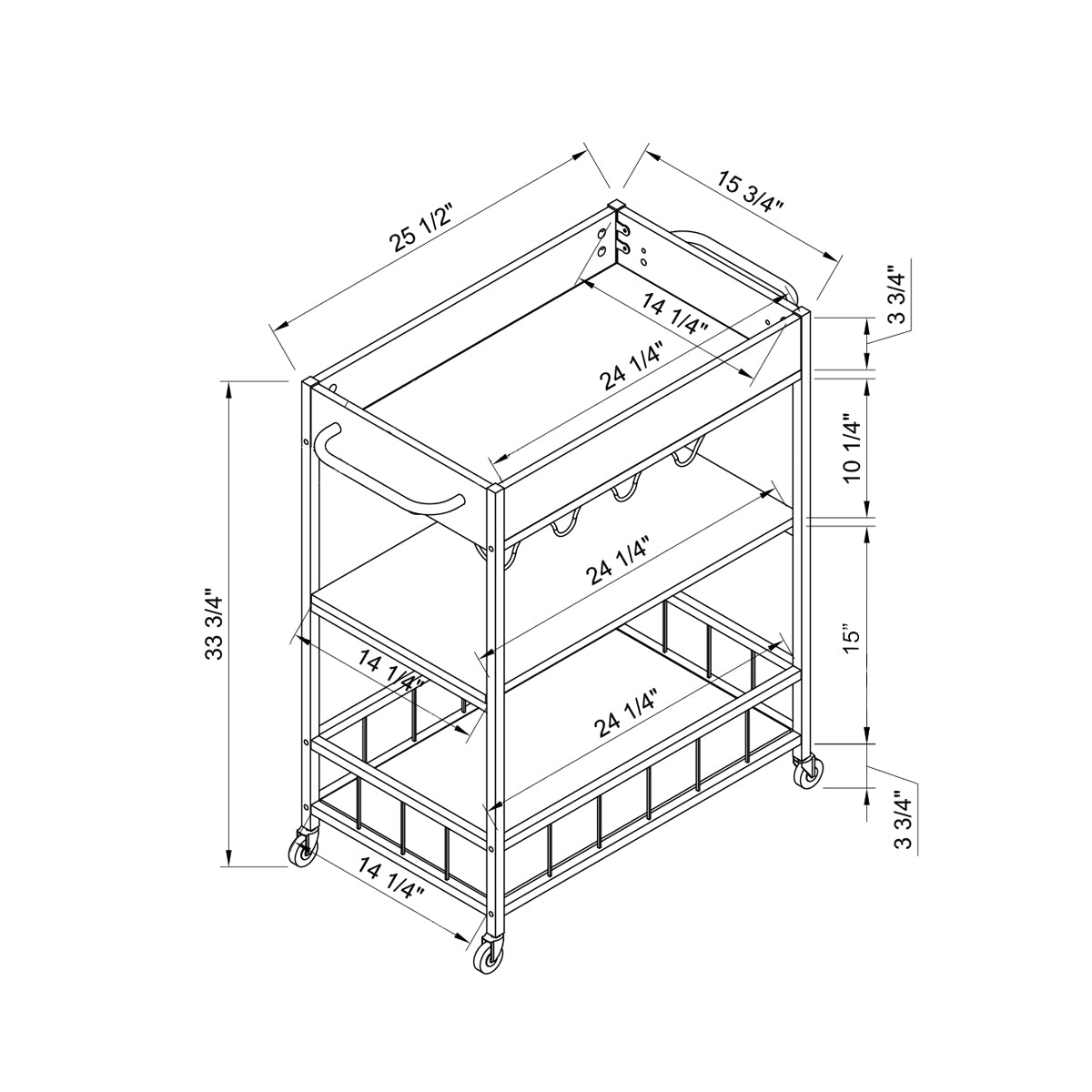 Technical drawing of a mobile bar cart with dimensions