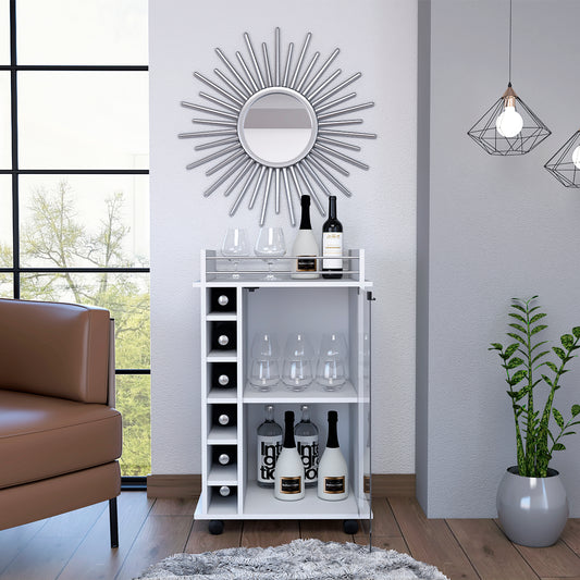 White rolling bar cart with wine racks and glassware