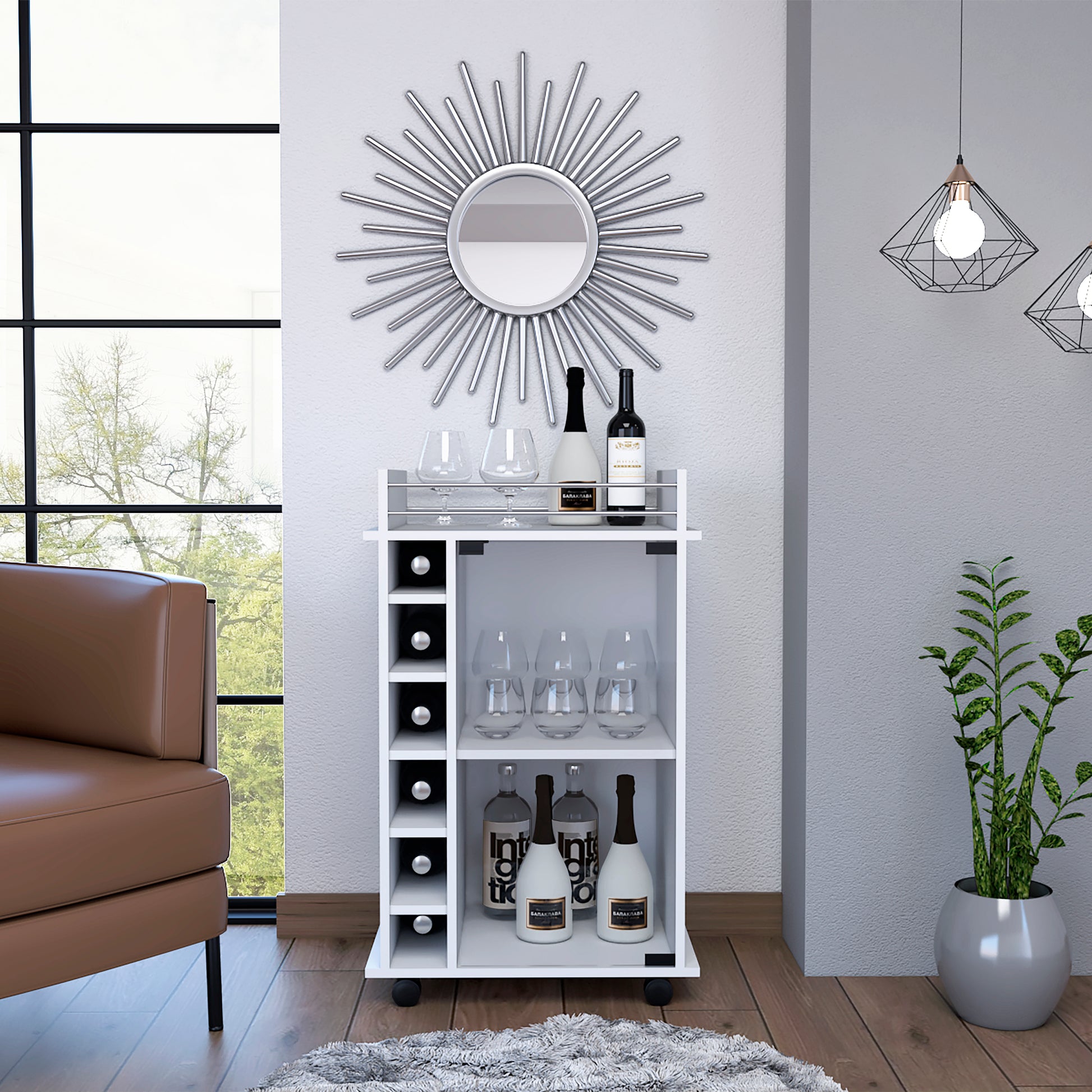 White bar cart with wine rack and glasses