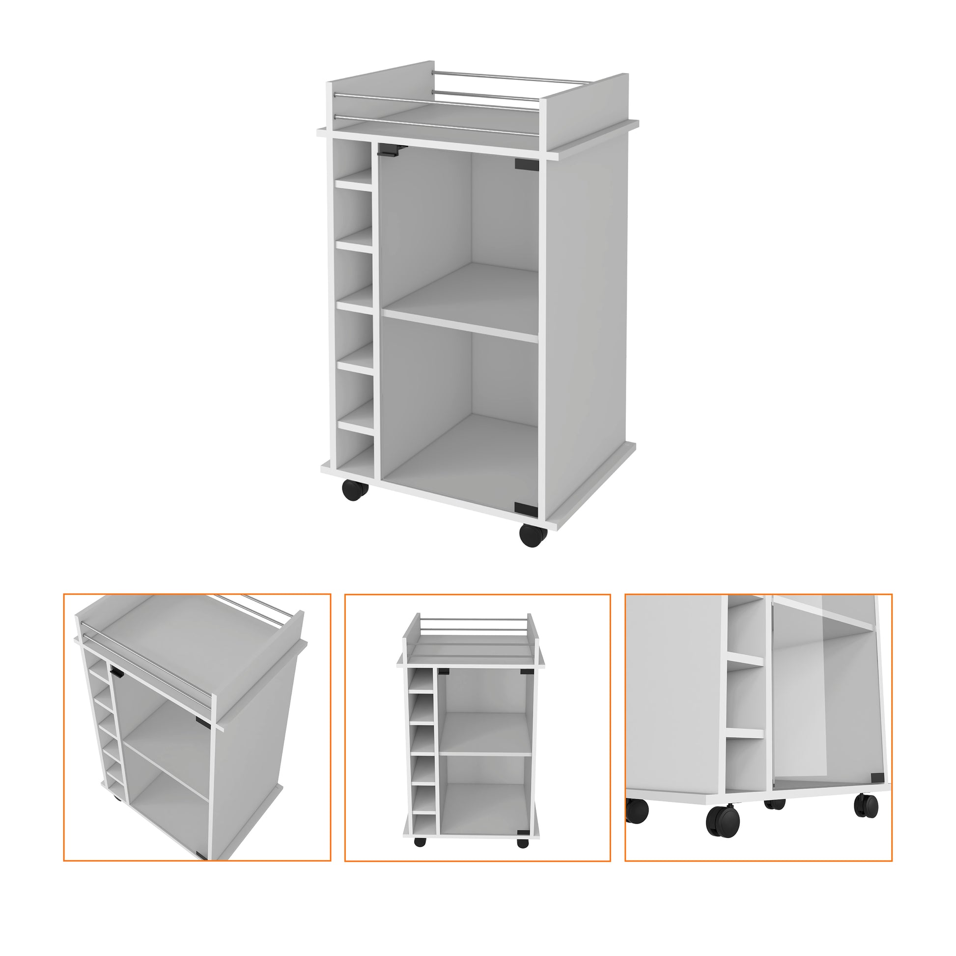 White mobile serving cart with wine rack and open shelving