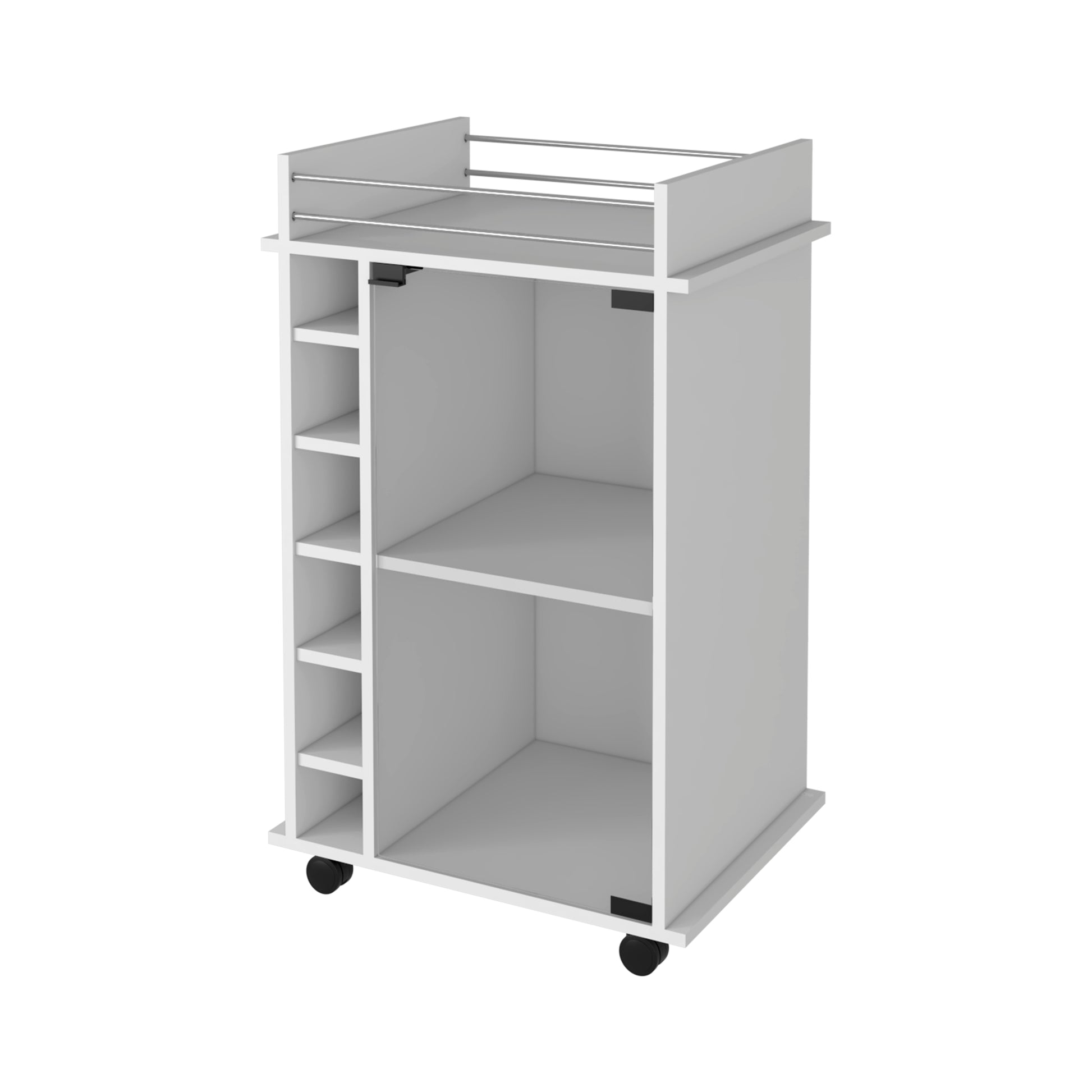 Modern white kitchen cart with wine rack and shelving