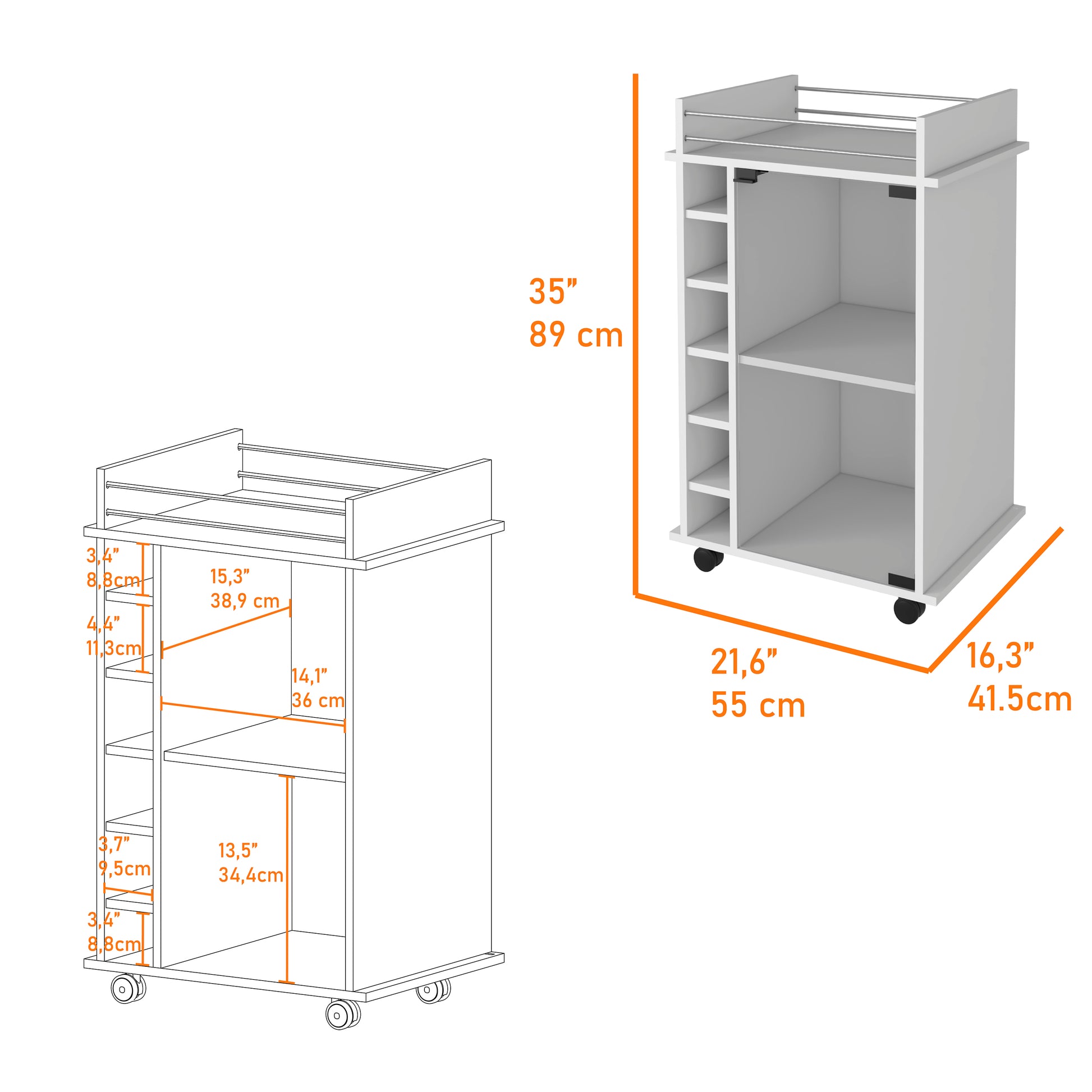 White rolling kitchen cart with multilevel shelving and metal rails