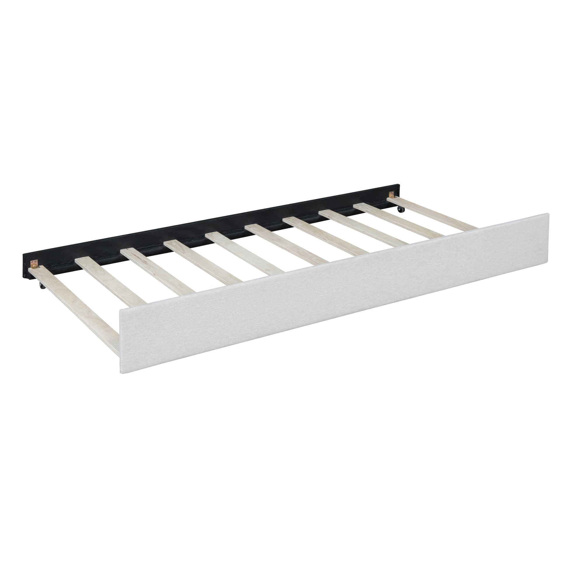 Light grey upholstered bed frame rail with wooden slats and metal supports