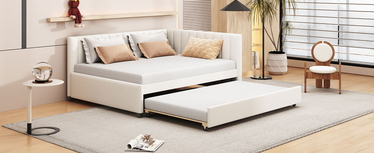 White upholstered daybed with pullout trundle