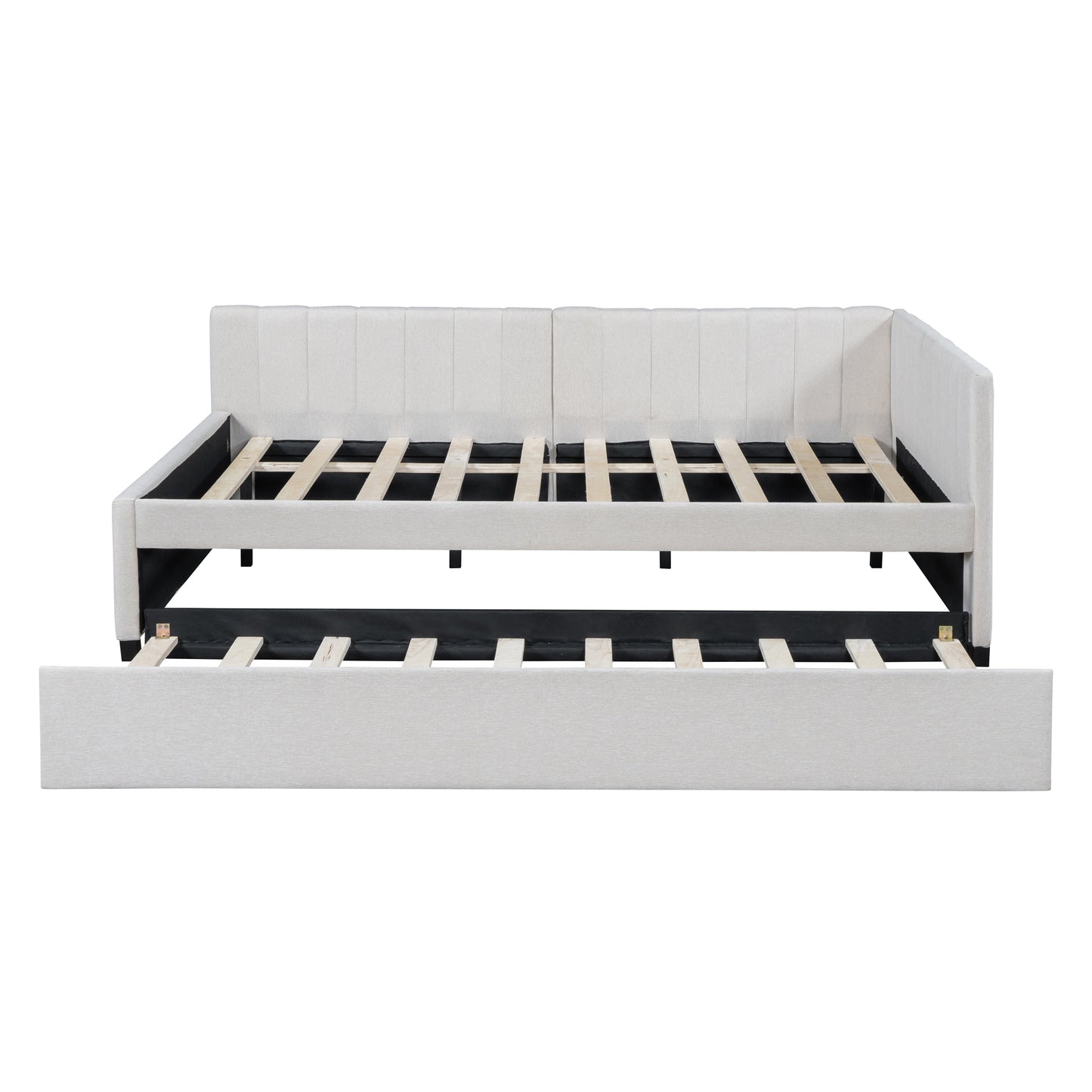 Light grey upholstered daybed with pullout trundle and wooden slats