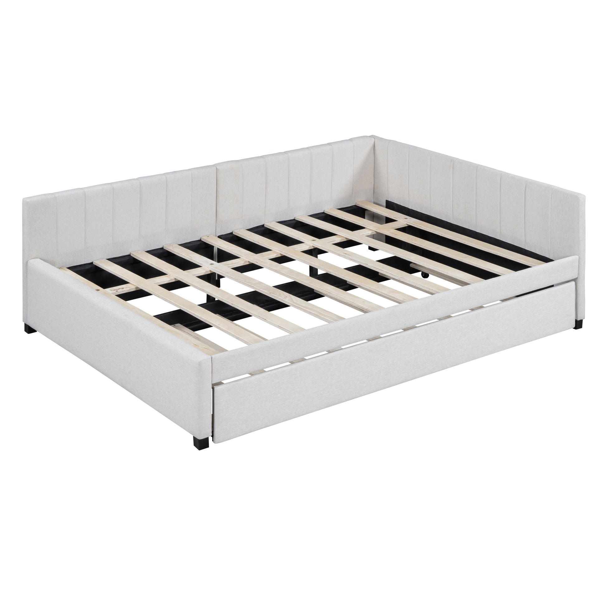 Upholstered light gray daybed with pullout trundle and slatted frame  inches