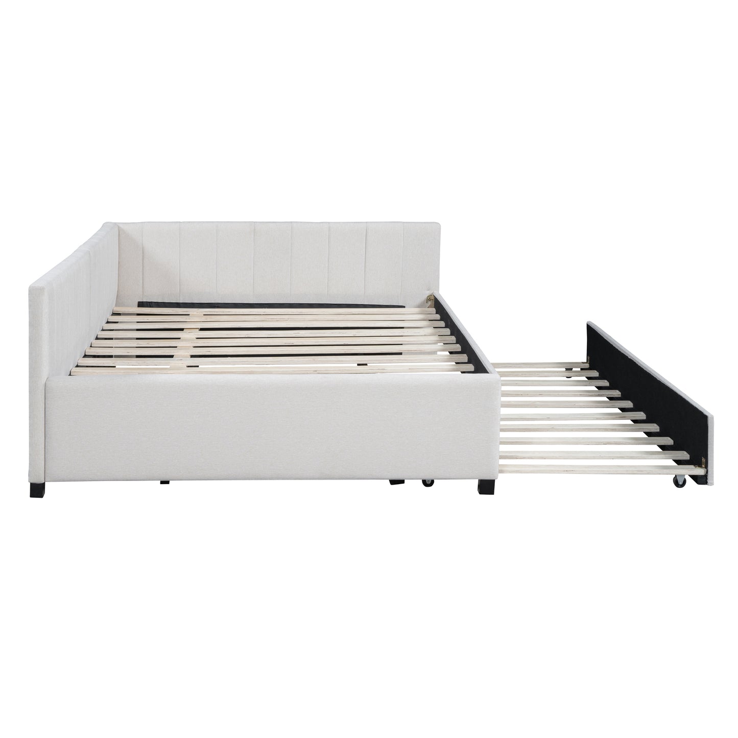 Light beige upholstered daybed with pullout trundle frame exposed