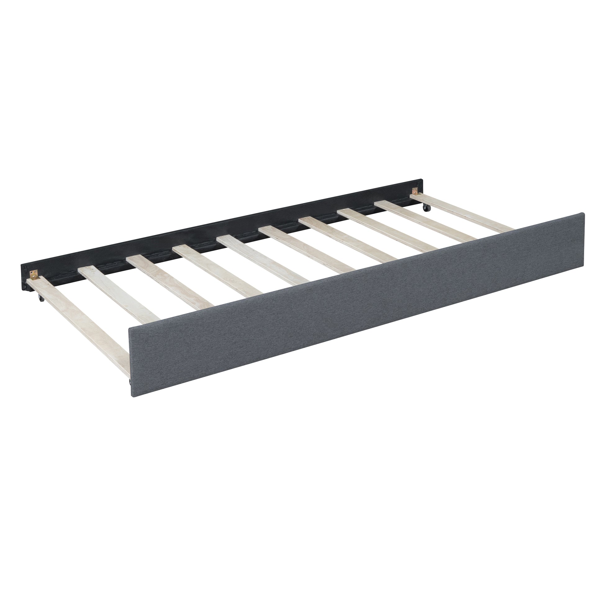 Grey fabric trundle bed frame with wooden slats and wheels