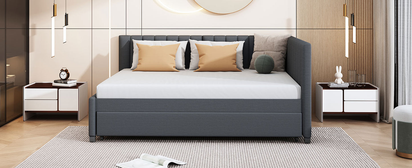 Modern grey upholstered storage bed with orange pillows for bedroom comfort