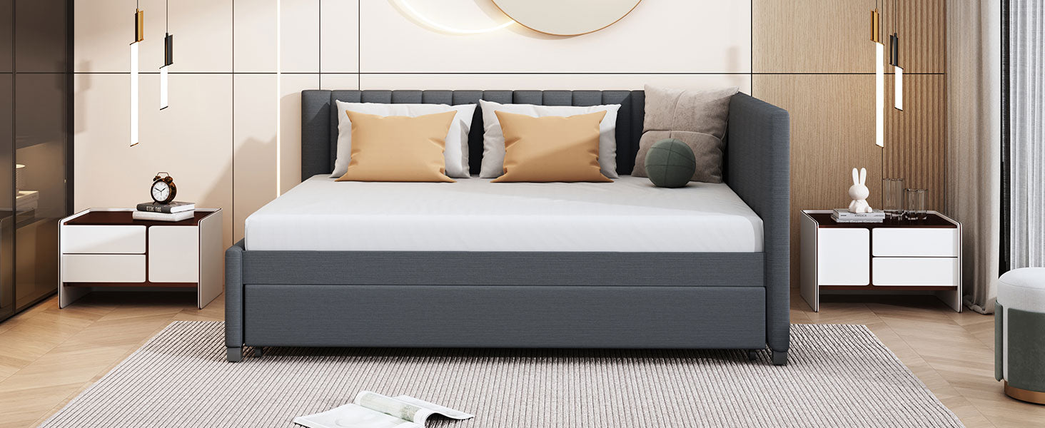 Modern grey upholstered storage bed with orange pillows for bedroom comfort
