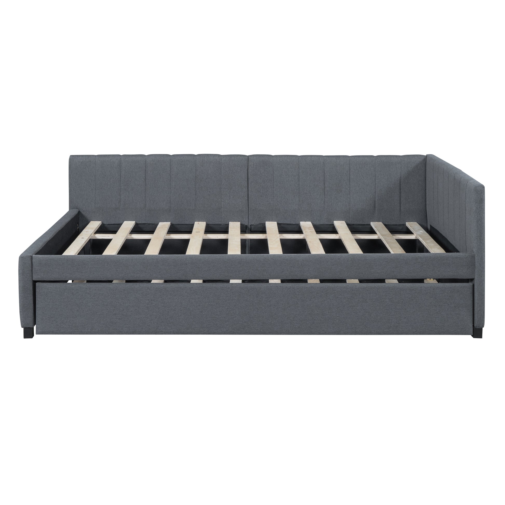 Dark grey fabric daybed with pullout trundle and slatted support