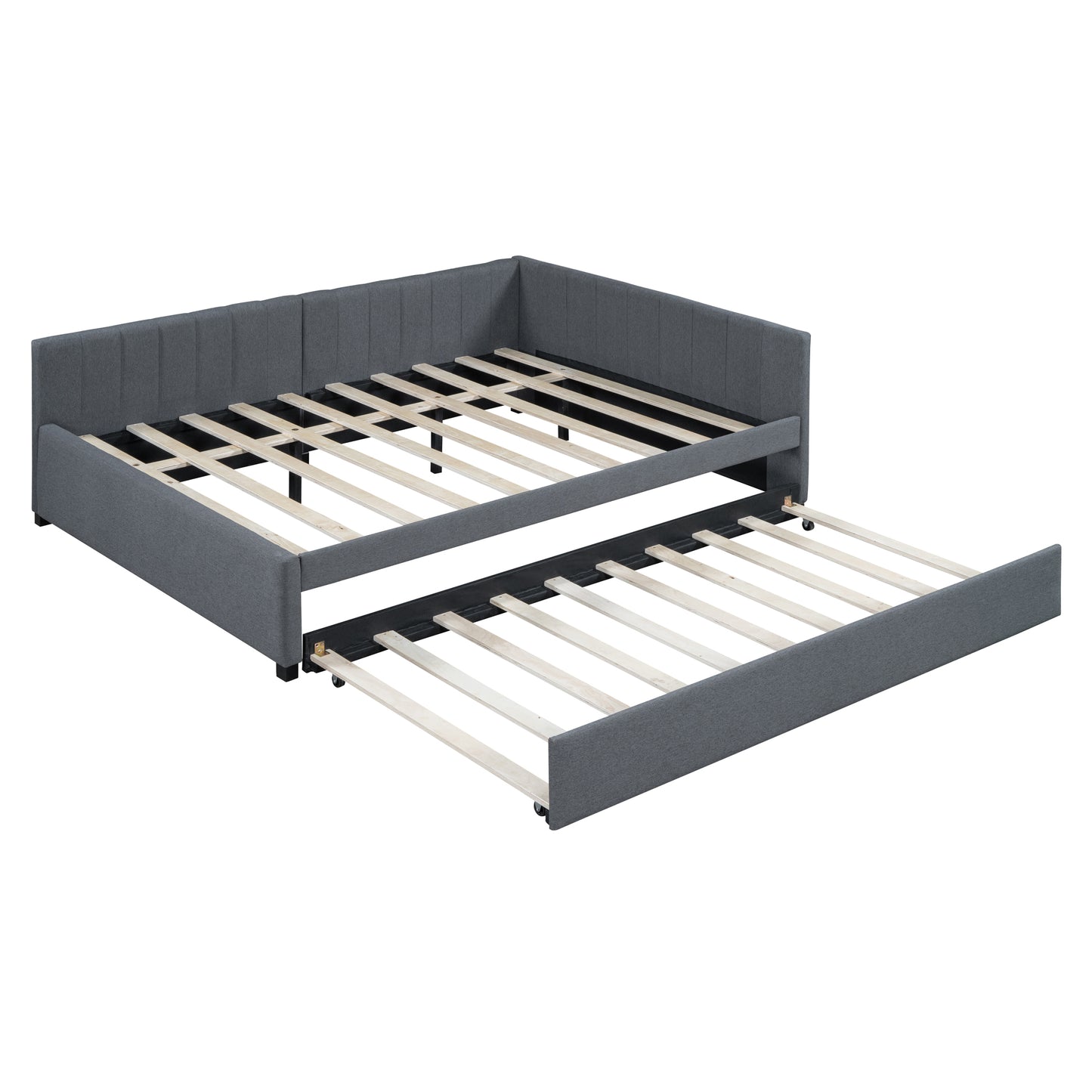 Dark grey upholstered daybed with pullout trundle bed frame