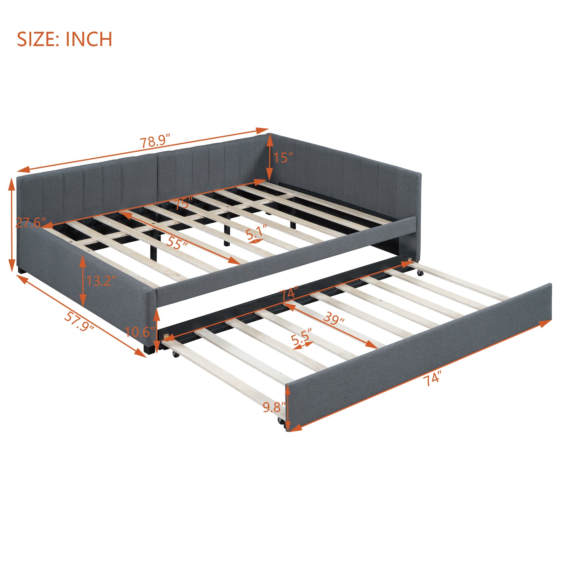 Gray upholstered twin daybed with pullout trundle and dimension labels