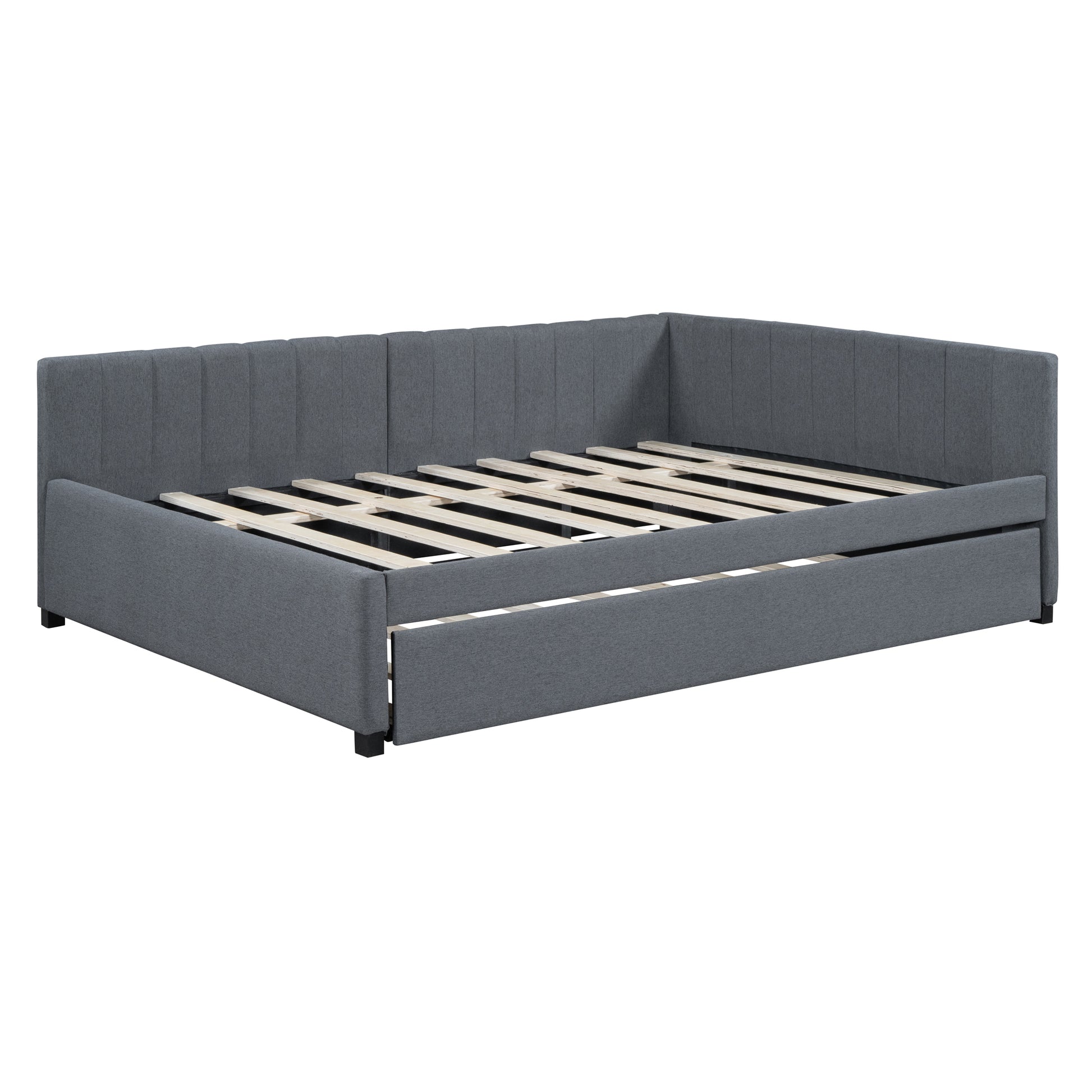 Grey upholstered daybed with trundle and wooden slats