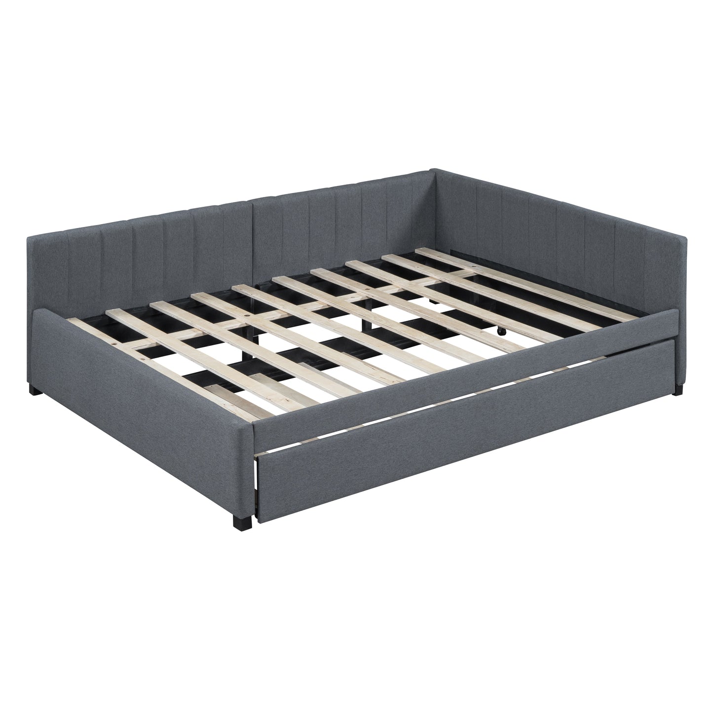 Gray upholstered daybed with rollout trundle and wooden slats