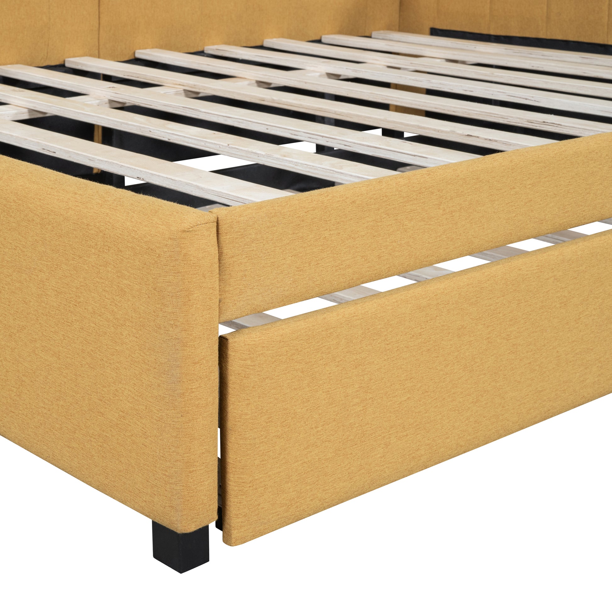 Upholstered yellow bed frame with wooden slats support