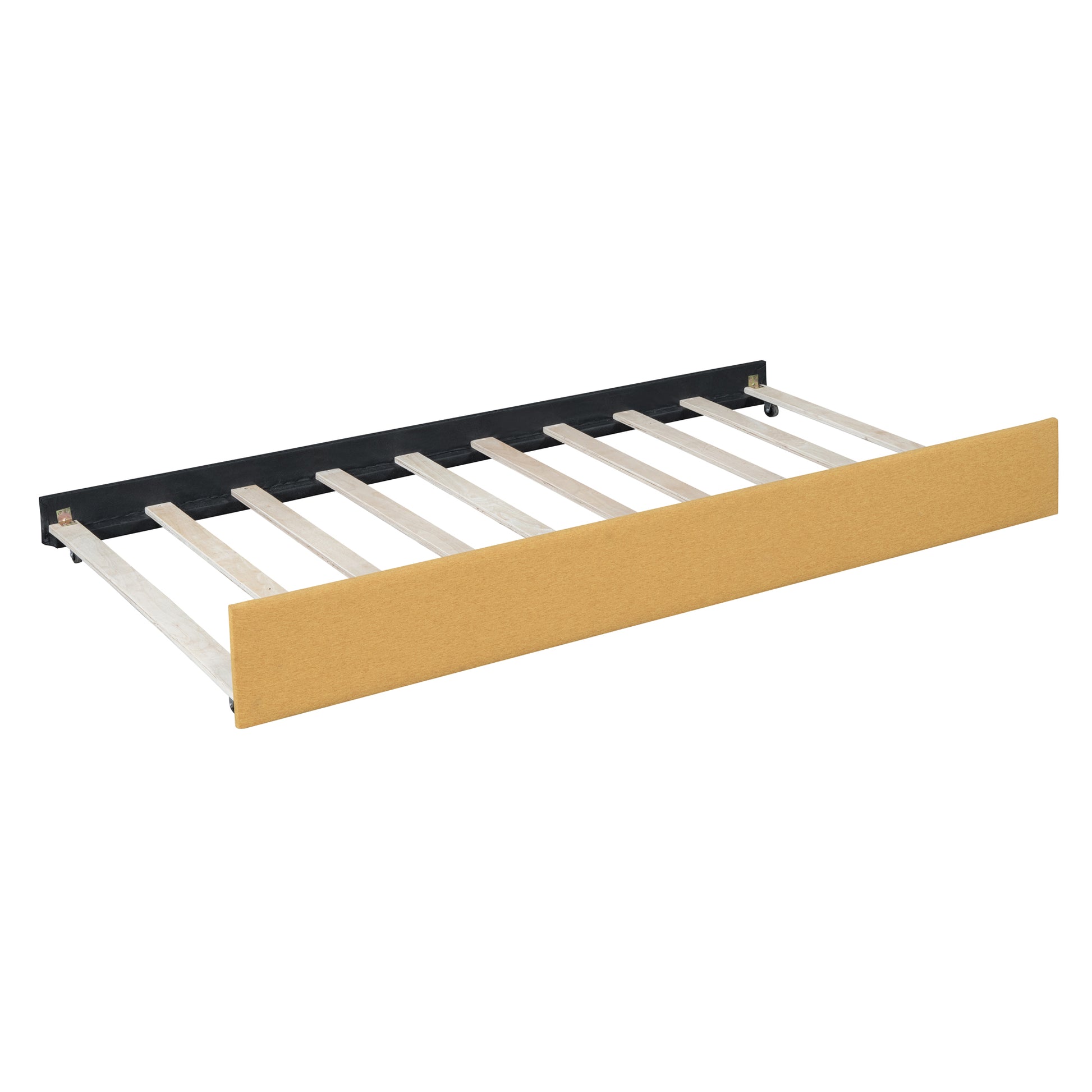 Brown upholstered trundle bed frame with wooden slats