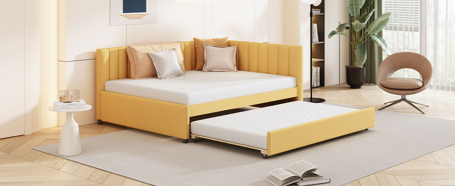 Yellow upholstered daybed with pullout trundle perfect for guest rooms