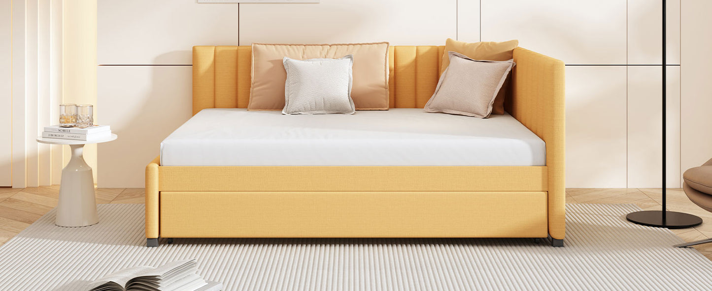Yellow upholstered daybed with tufted headboard and drawer storage
