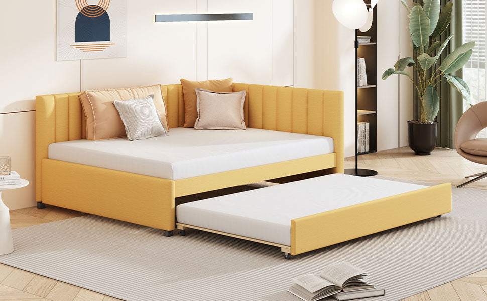 Yellow upholstered corner daybed with pullout trundle