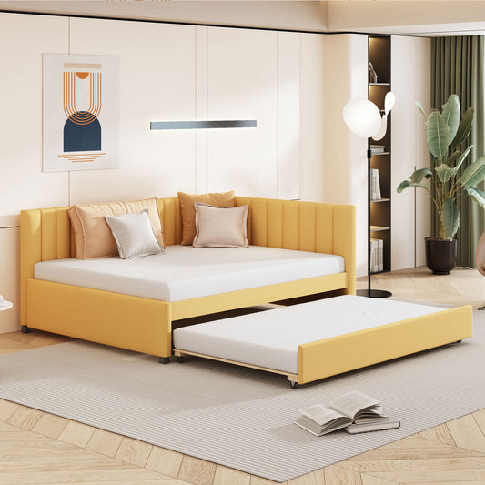 Yellow upholstered daybed with pullout trundle