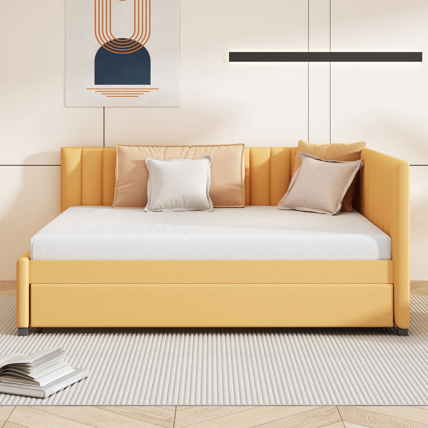 Yellow upholstered daybed with textured fabric and minimalist design