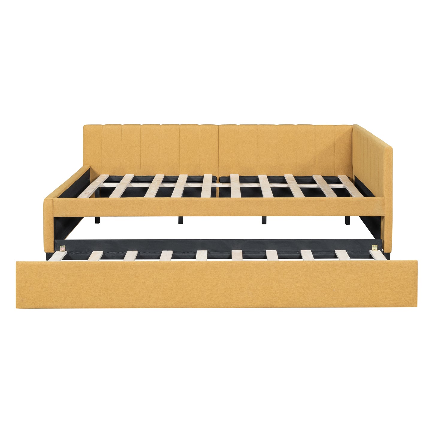 Yellow fabric daybed with pullout trundle frame exposed