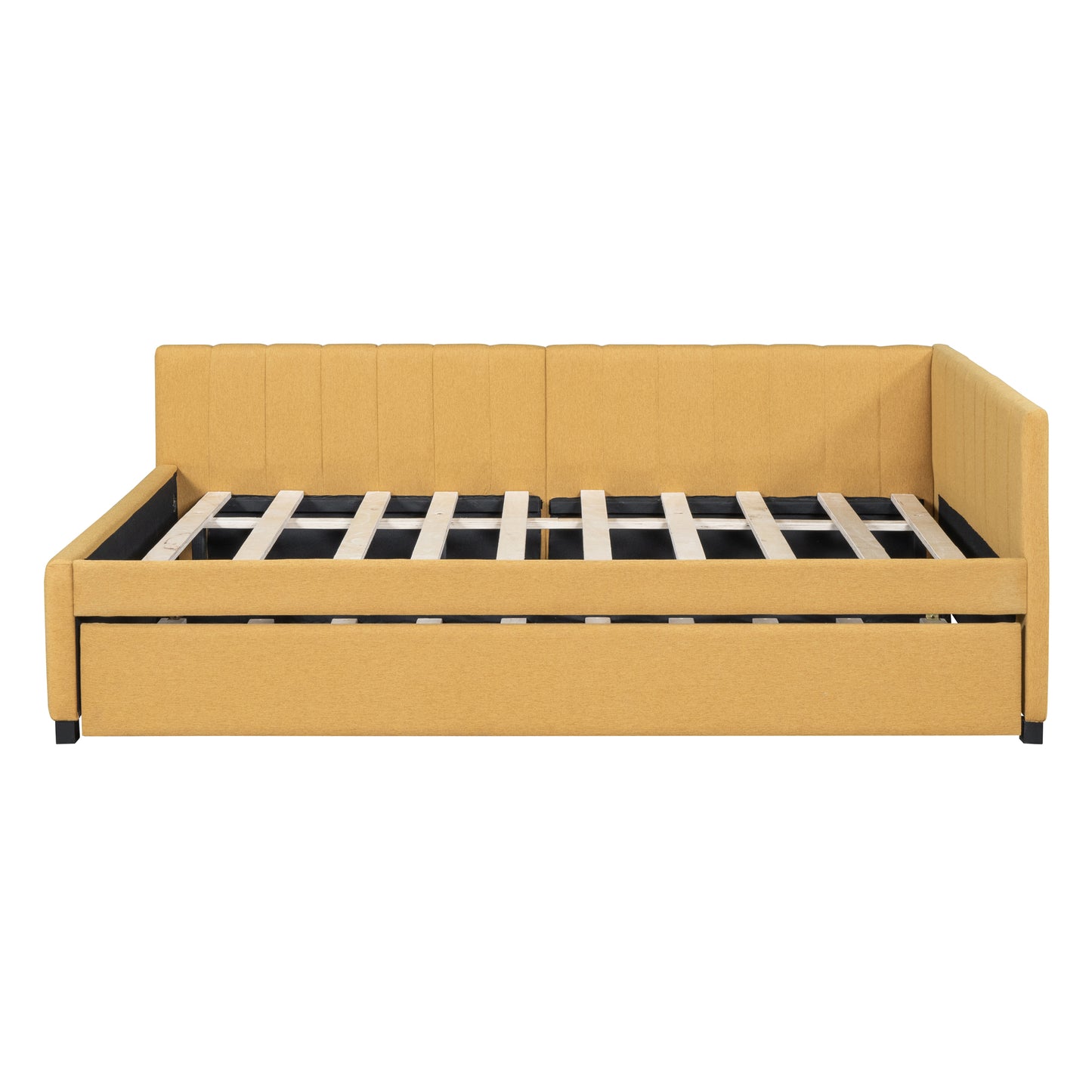 Yellow upholstered daybed with pullout trundle and slatted wood base
