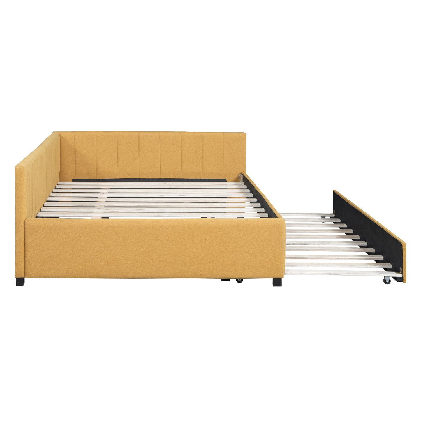 Yellow upholstered bed frame with pullout trundle