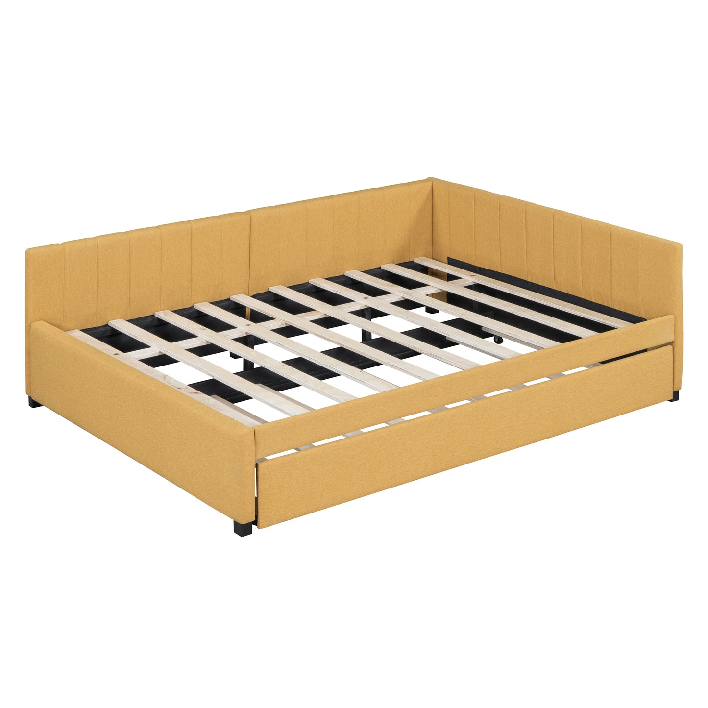 Yellow upholstered daybed with pullout trundle and slatted frame