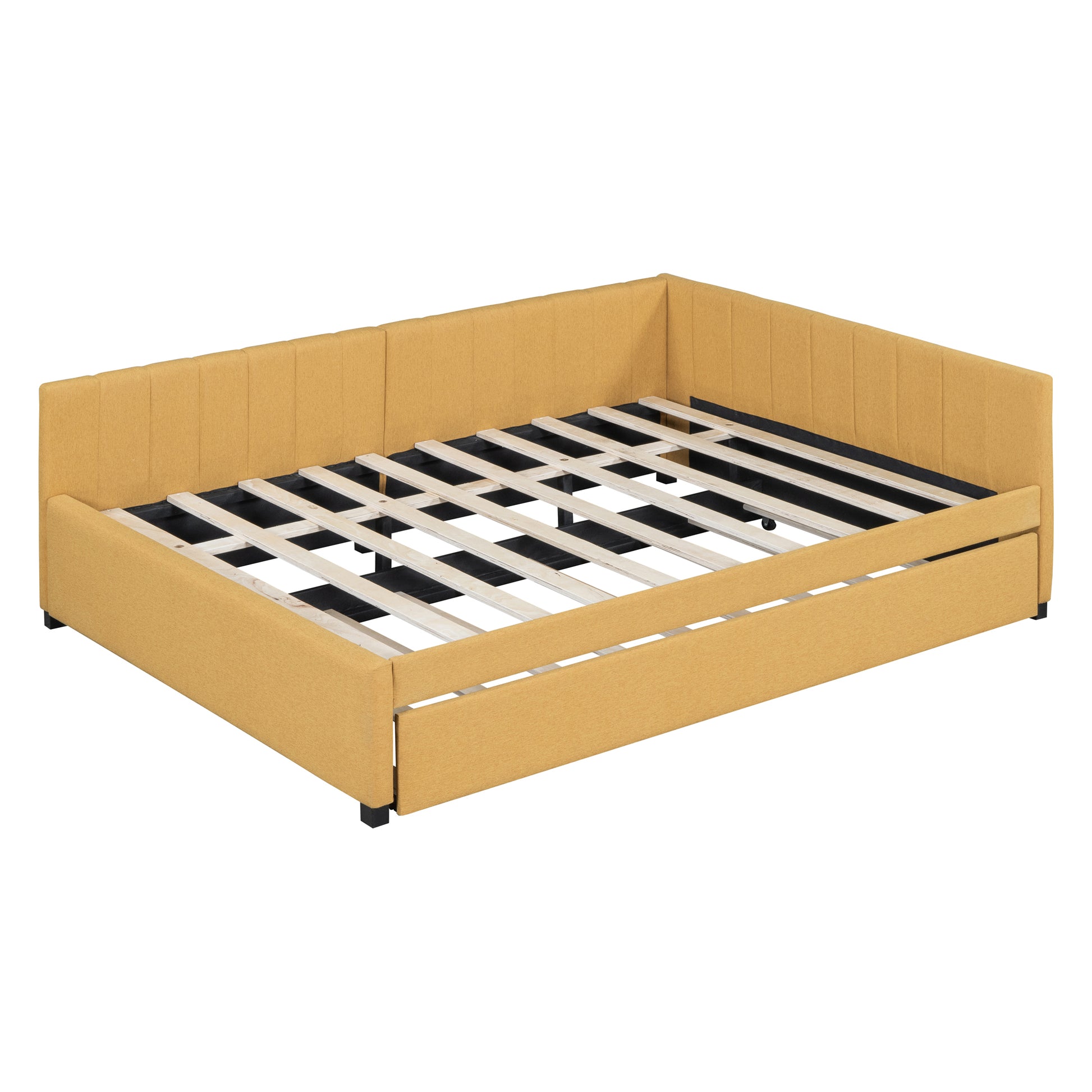 Yellow upholstered daybed with pullout trundle and slatted frame