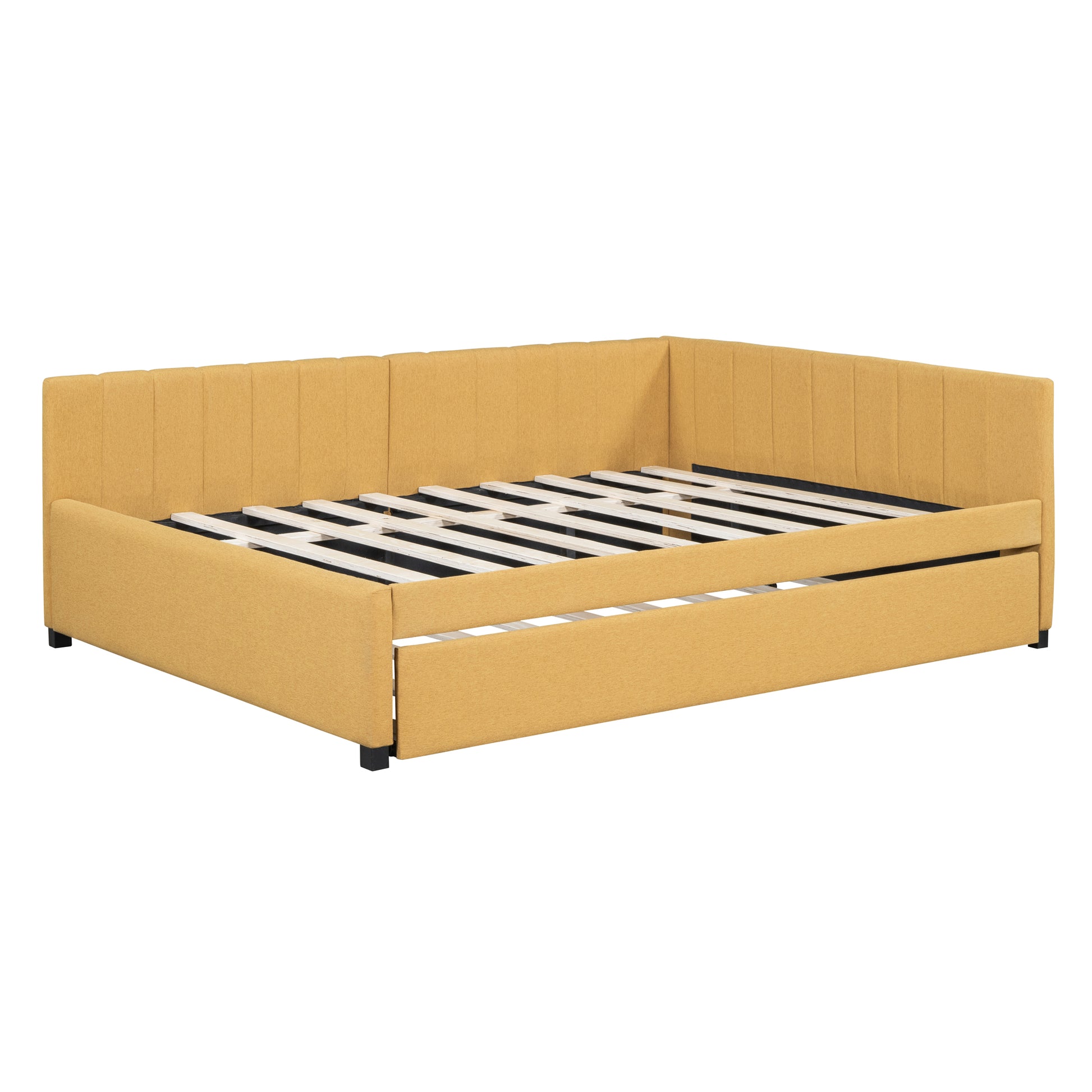 Yellow upholstered twin daybed with pullout trundle