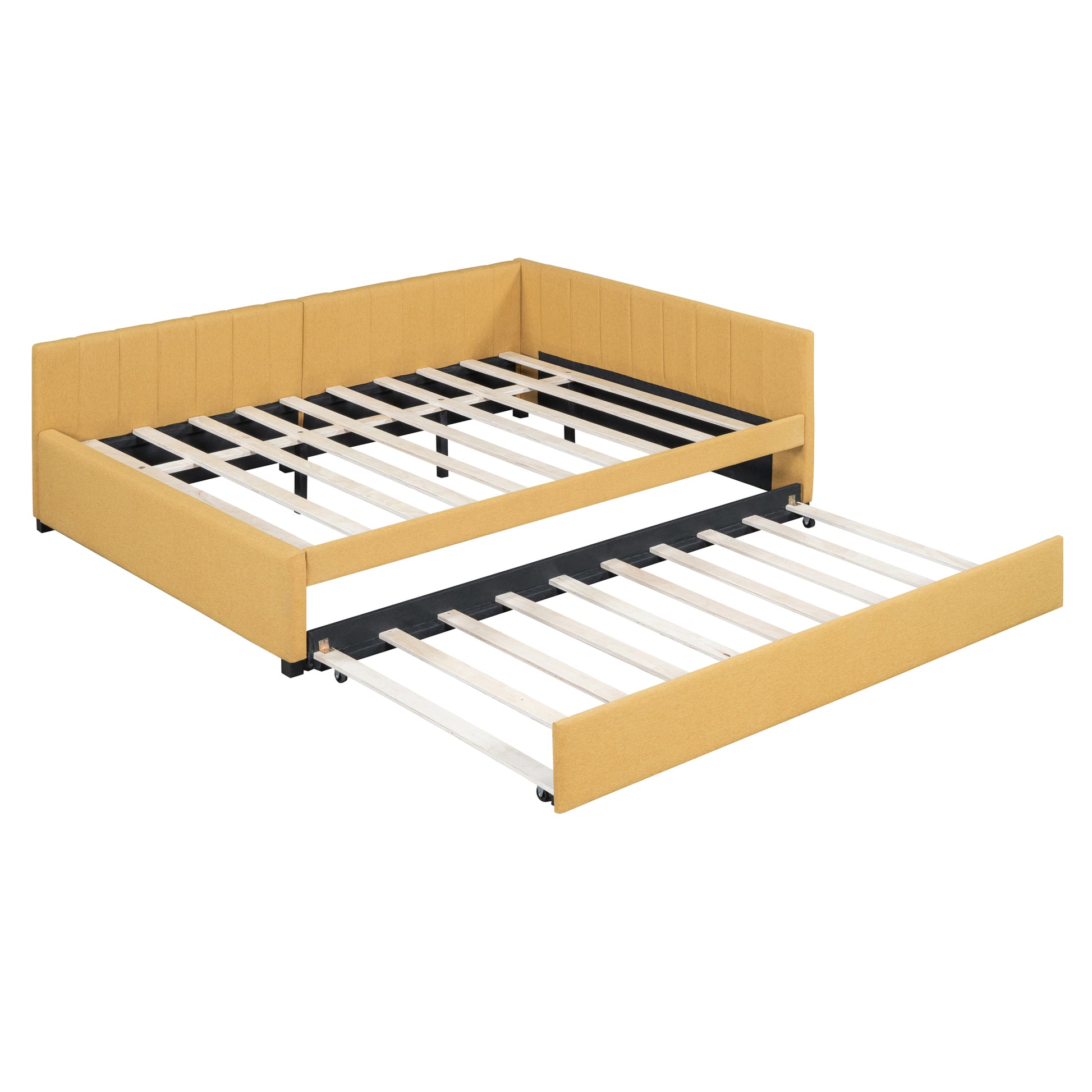 Yellow upholstered daybed with pullout trundle bed