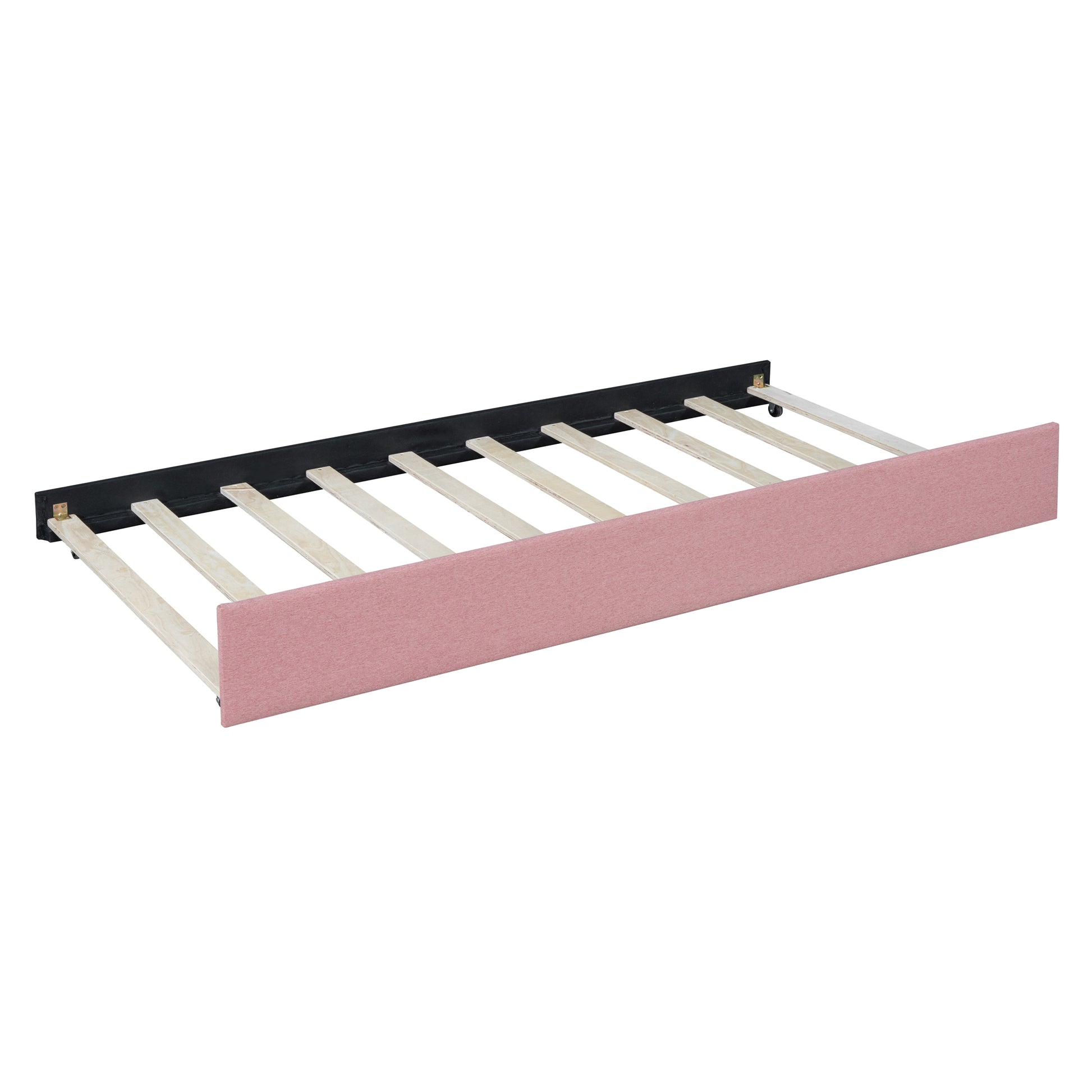 Pink upholstered trundle bed frame with wooden slats