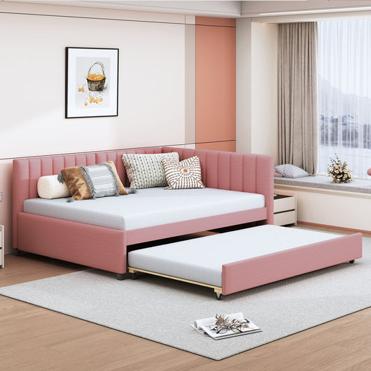 Pink upholstered daybed with pullout trundle modern design with channel tufting