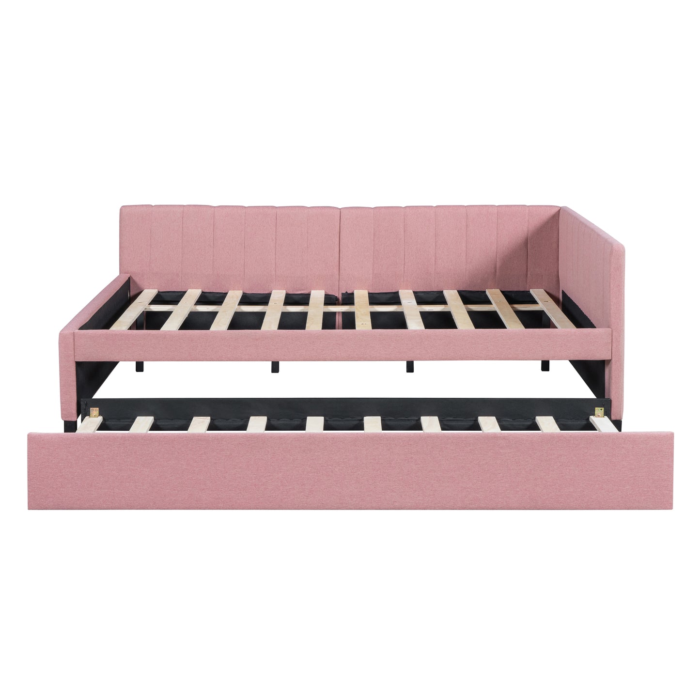 Pink upholstered daybed with pullout trundle frame