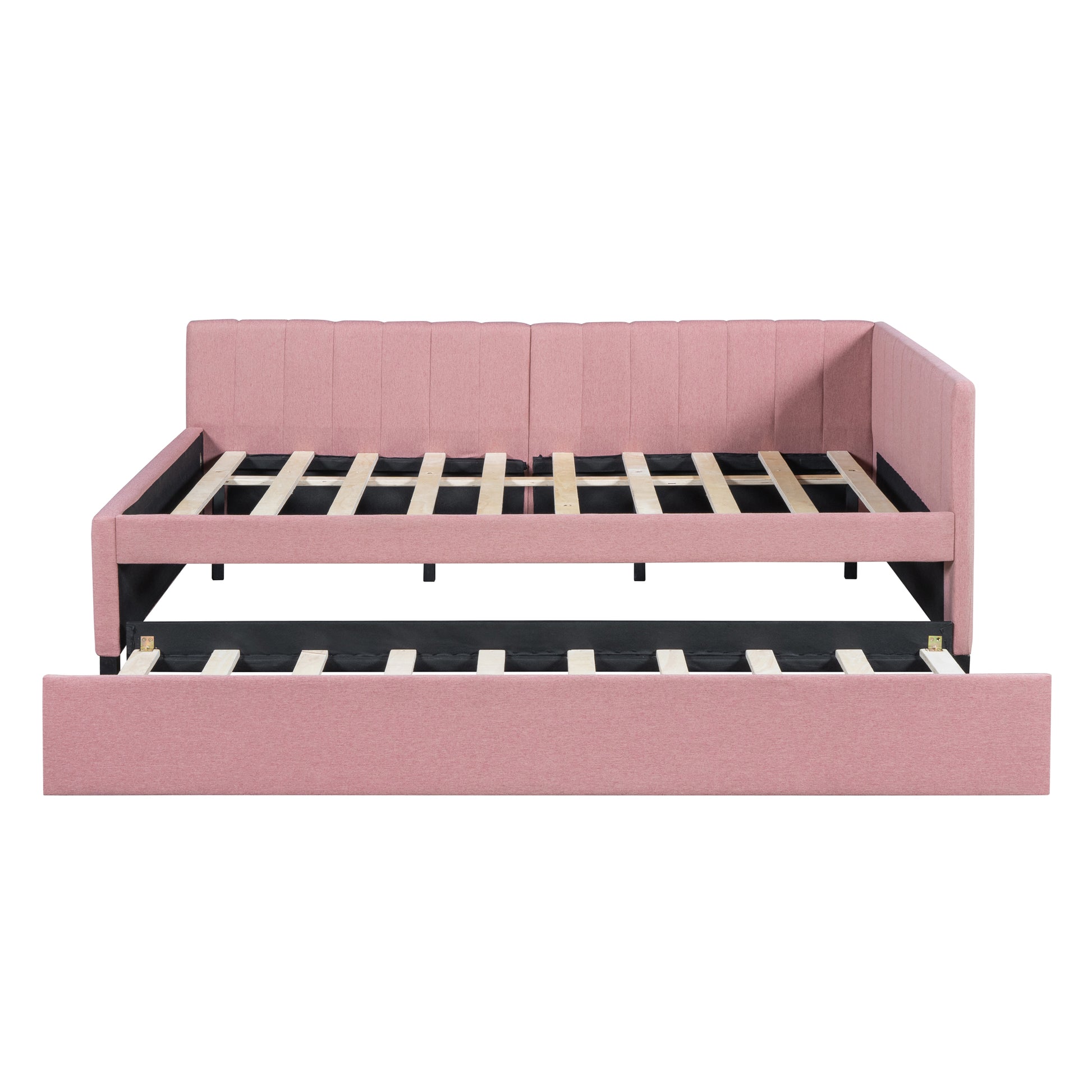 Pink upholstered daybed with pullout trundle frame
