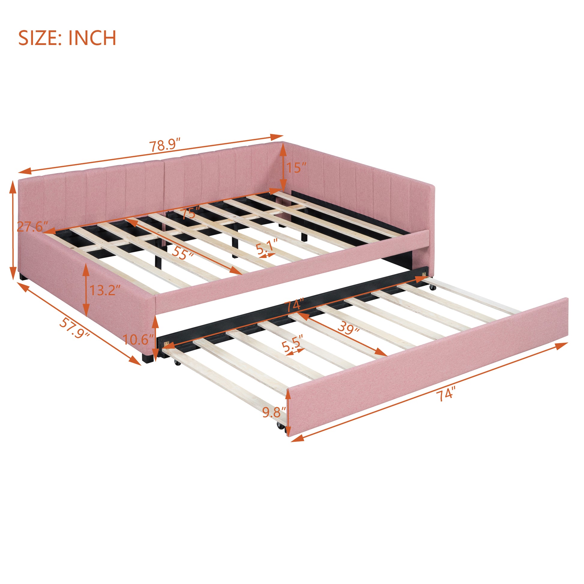 Pink upholstered daybed with trundle dimensions shown for frame and mattress sizes