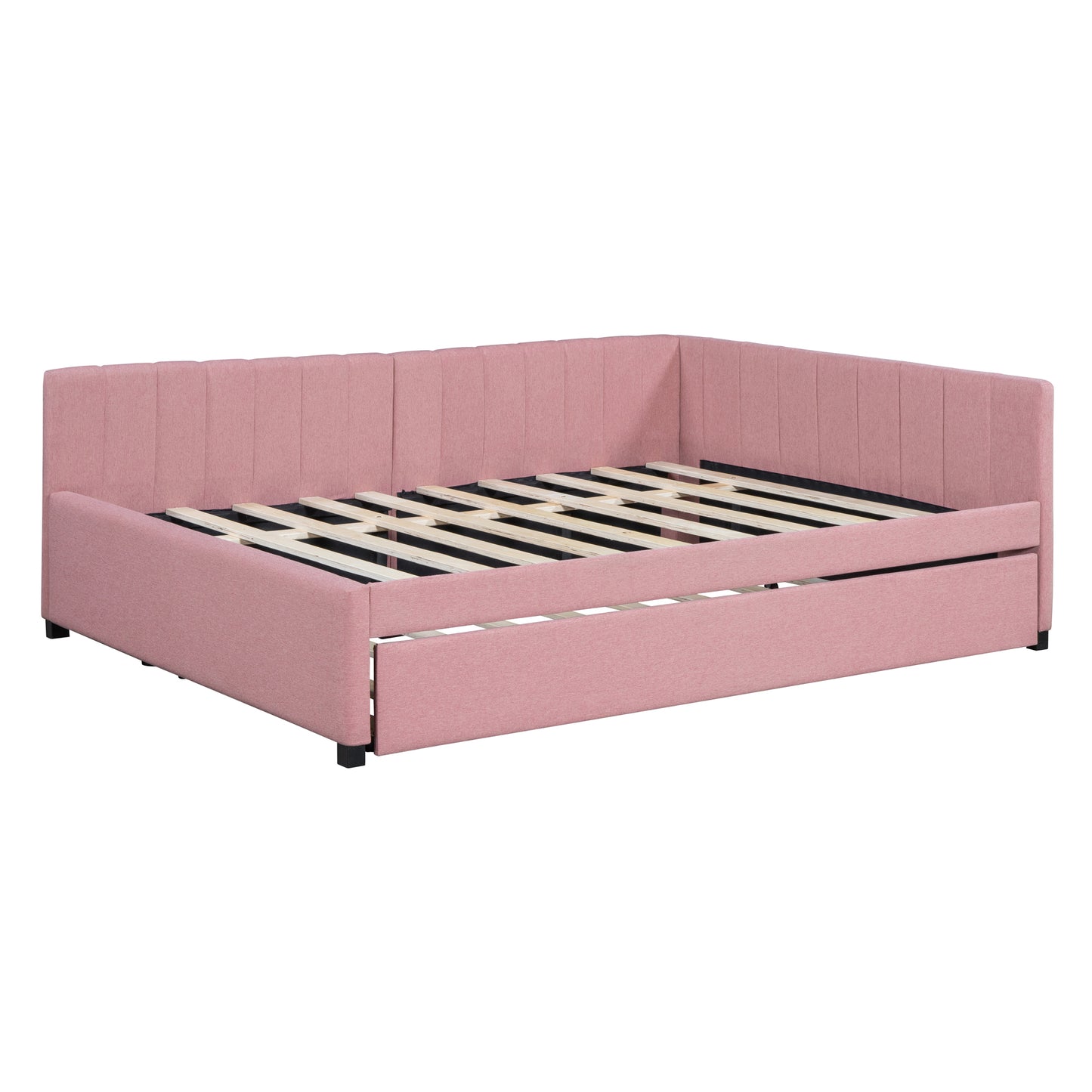 Pink upholstered daybed with pullout trundle and slatted base