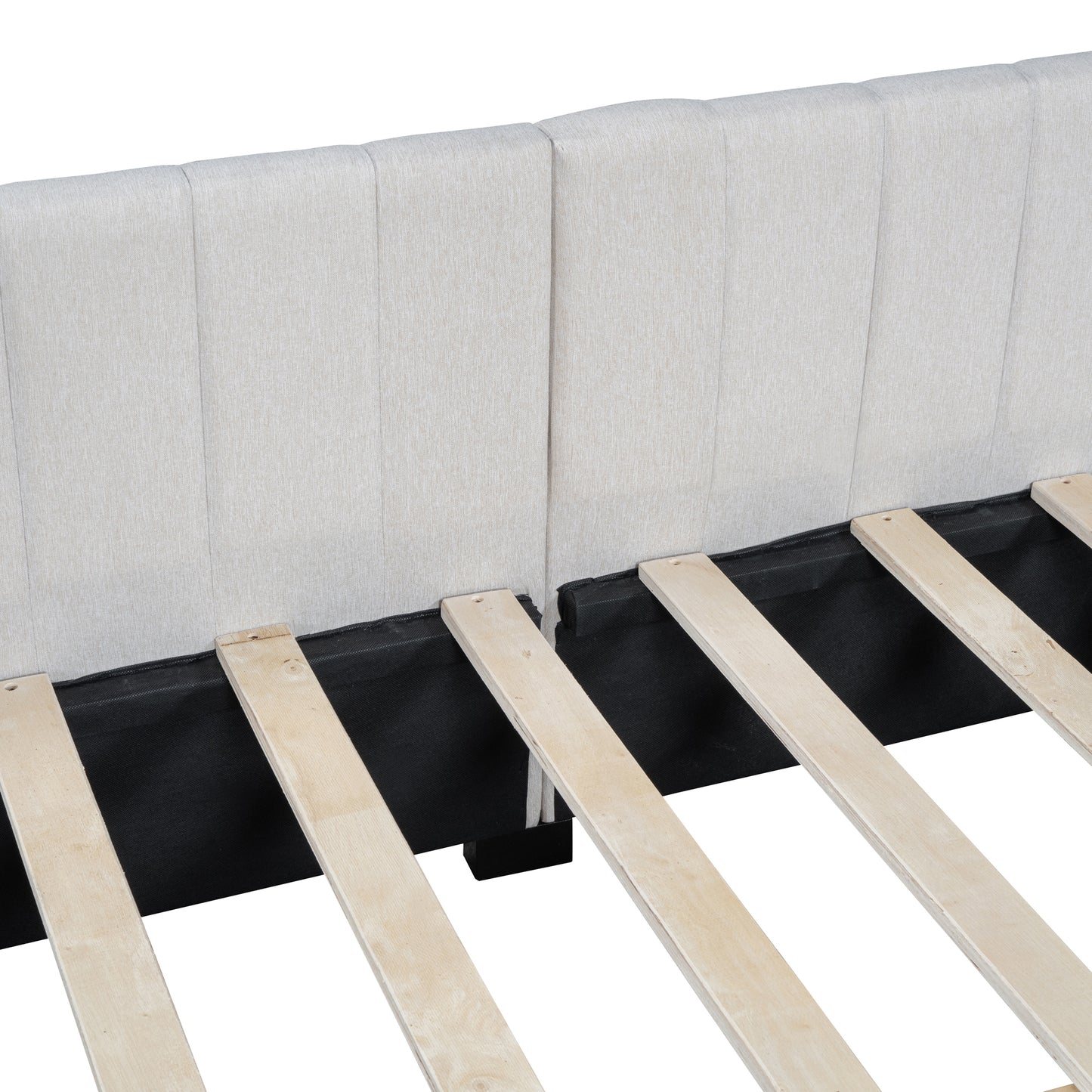 Cream upholstered bed frame with wooden slats visible