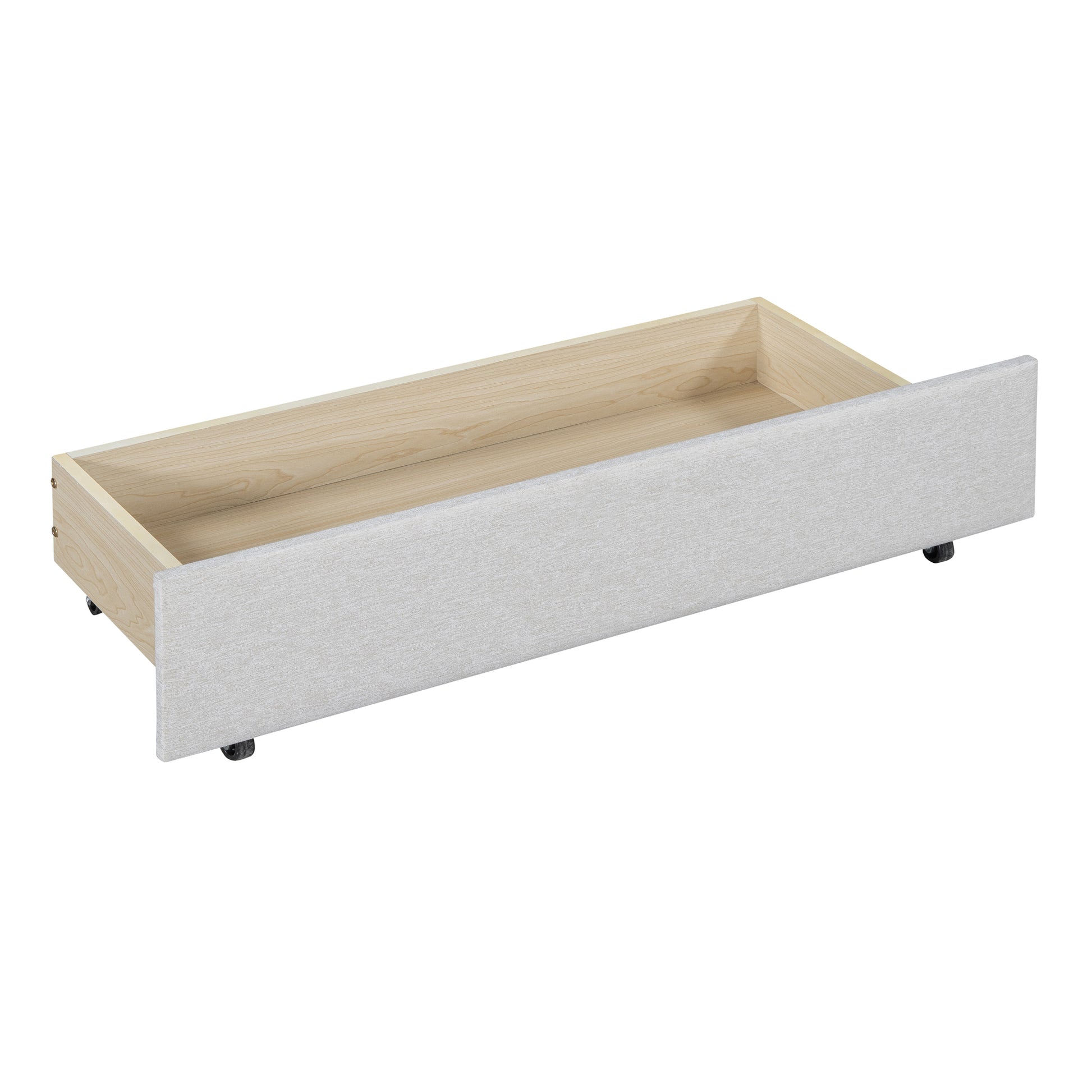 Light gray fabric bed drawer with wooden interior and wheels for storage