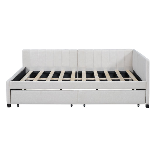 Light gray upholstered daybed with tufted back and builtin drawers